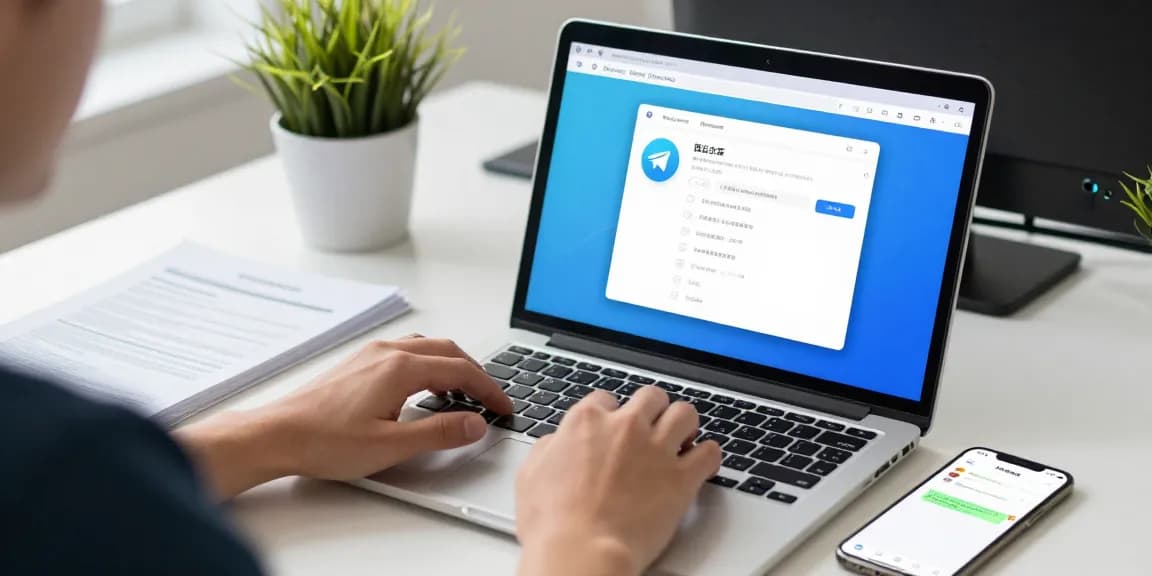 Telegram Chinese interface setup in a modern tech workspace with user interaction.