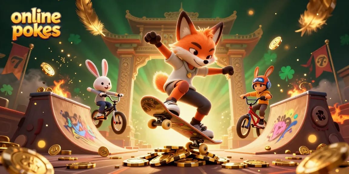 Experience thrilling online pokies as a fox and rabbit perform stunts amidst casino chaos.