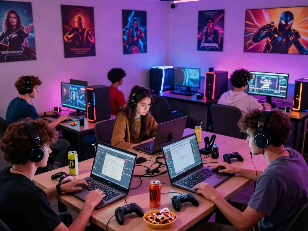 Friends enjoying an energetic gaming session at a modern lounge, emphasizing the rokok88 resmi gaming culture.