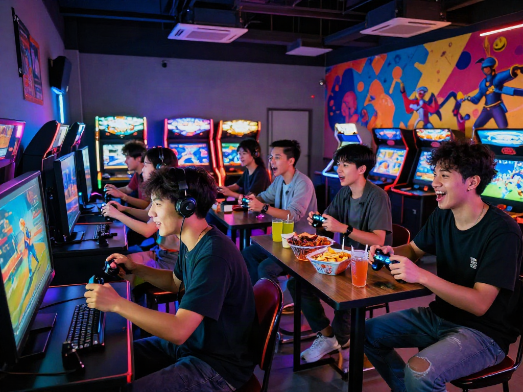 Friends enjoying a gaming competition at rokok88 alternatif arcade with vibrant atmosphere