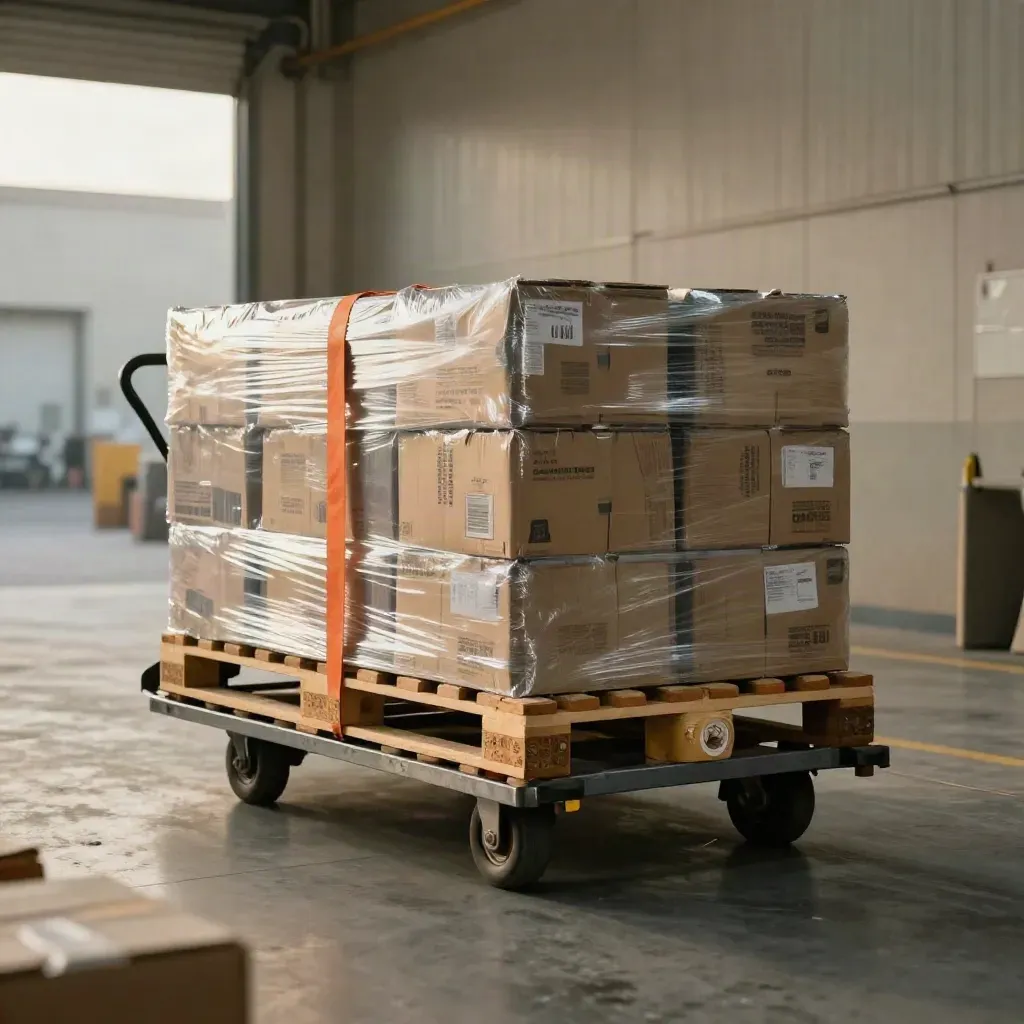 Staplade fraktkartonger på en dockvagn i ett lager, med plastfilm och orange spännband.