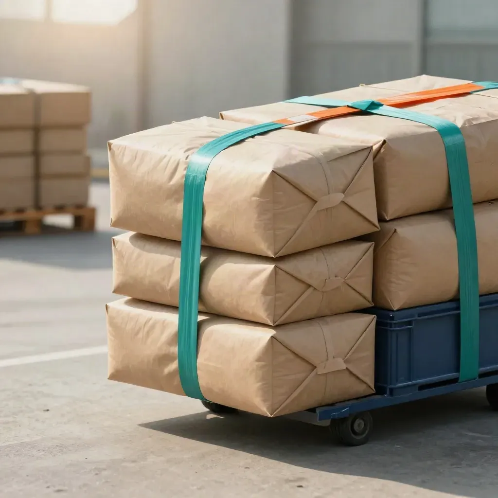 Fraktpaket med lådor, orange band, teal rem och marinblå korg i mjukt motljus.