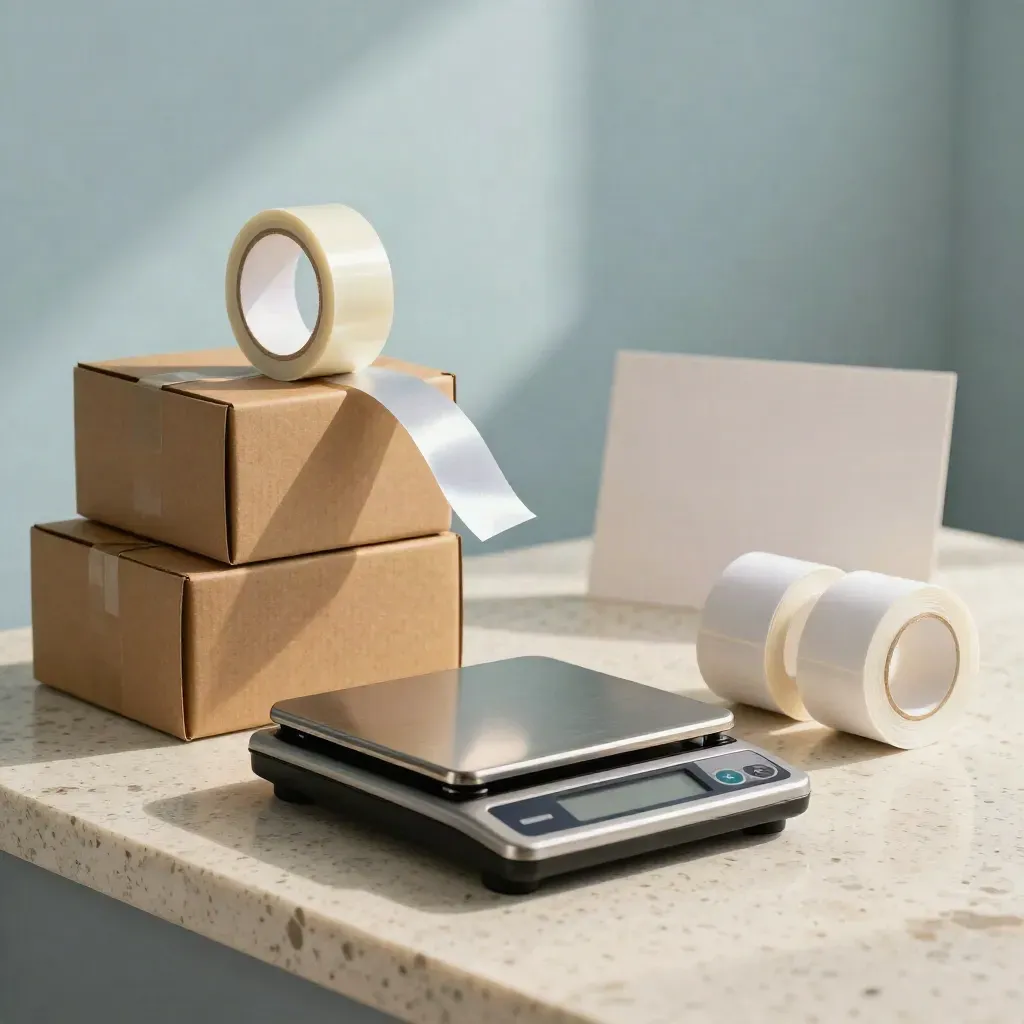 Startkit för frakt med paketvåg, kartonger, tejp och etikettspolar på travertin.