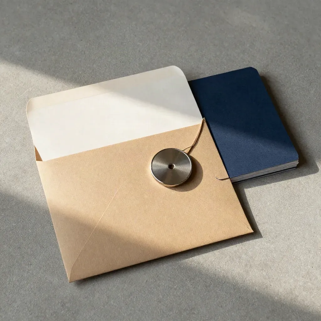 Överliggande flatlay med importset, kuvertärm, tagg och metalltoken på betong.