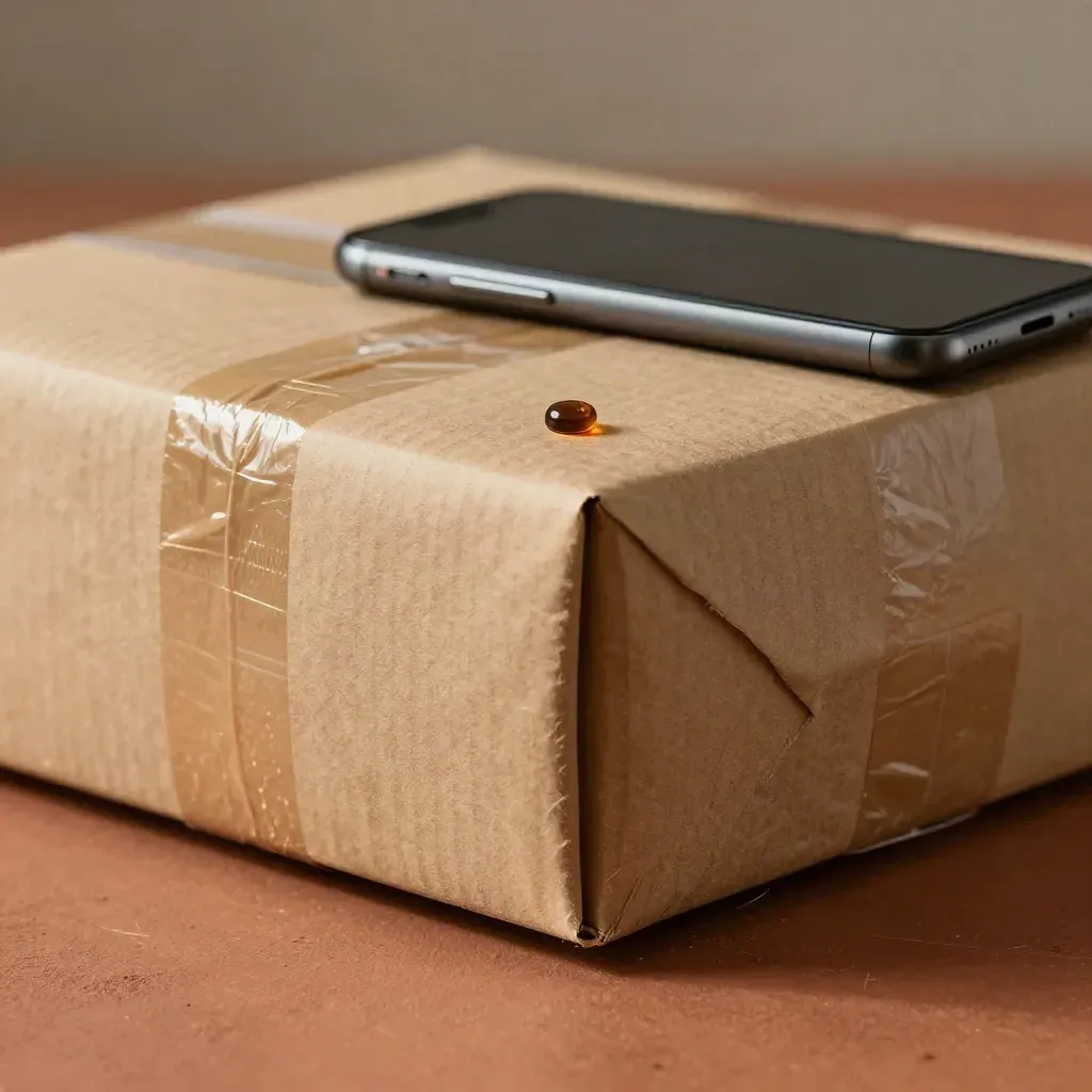 Närbild av ett paket, en stängd telefon och en lysande puck på ett terrakottafärgat arbetsbord.
