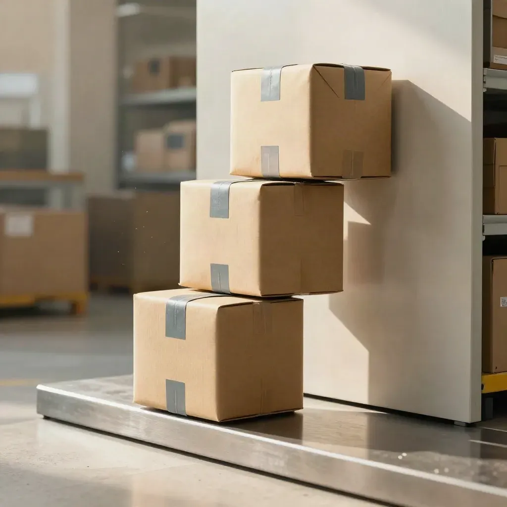 Tre paketkuber i en metallrail i en ljus logistikinredning.