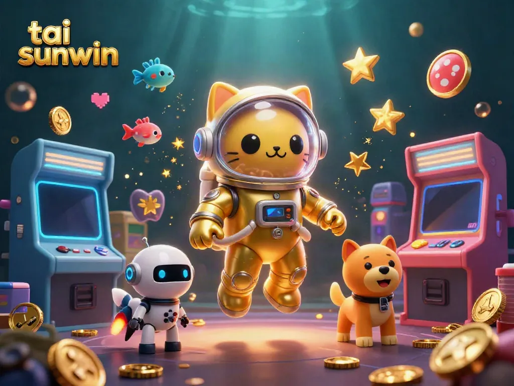 Experience thrills with tai sunwin's vibrant 3D illustration of an astronaut cat and gaming elements.