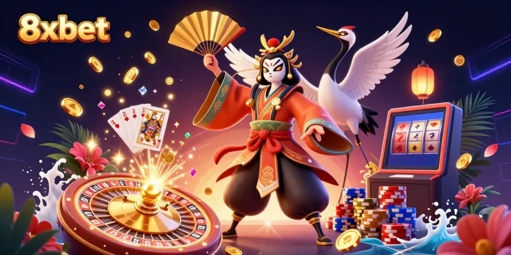 Experience the vibrant world of 8xbet with the kabuki warrior in this dynamic casino scene.