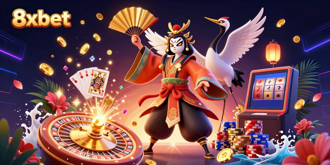 Experience the vibrant world of 8xbet with the kabuki warrior in this dynamic casino scene.