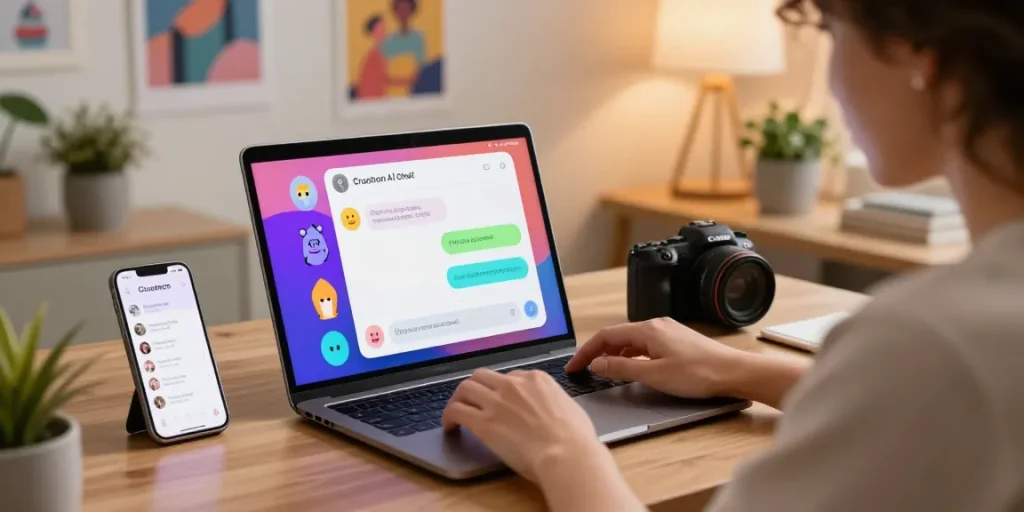 Engaging with Crushon AI chatbot in a vibrant home office setting.