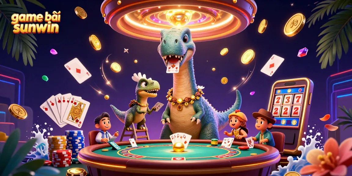 Experience thrilling game bài sunwin with a 3D cartoon brontosaurus and clever raptor in a vibrant casino.