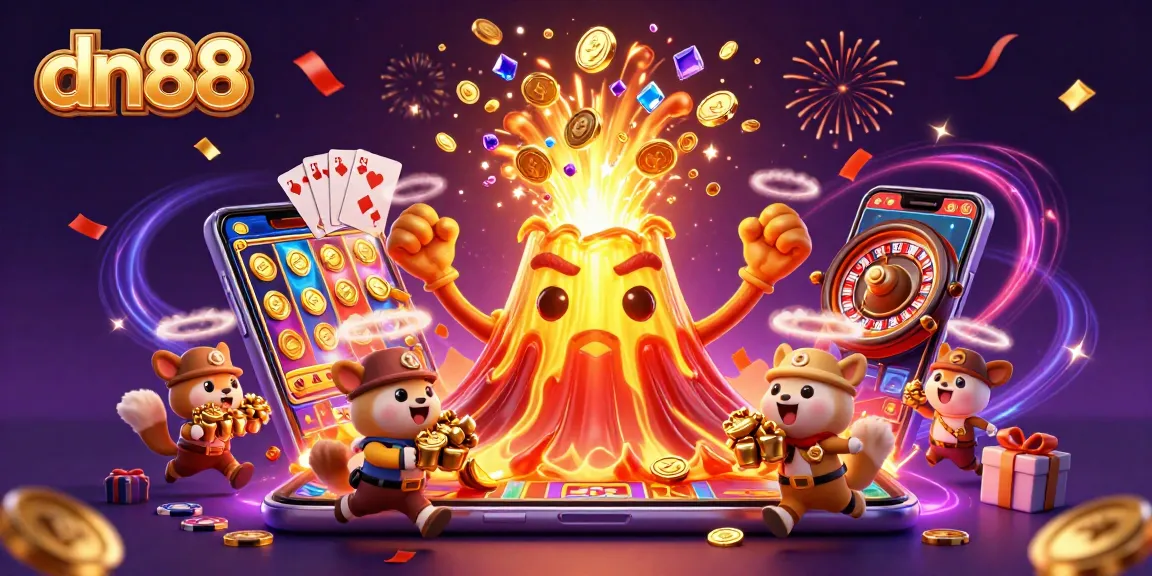 Experience thrilling jackpots at dn88 with colorful 3D illustration of online games and treasure.